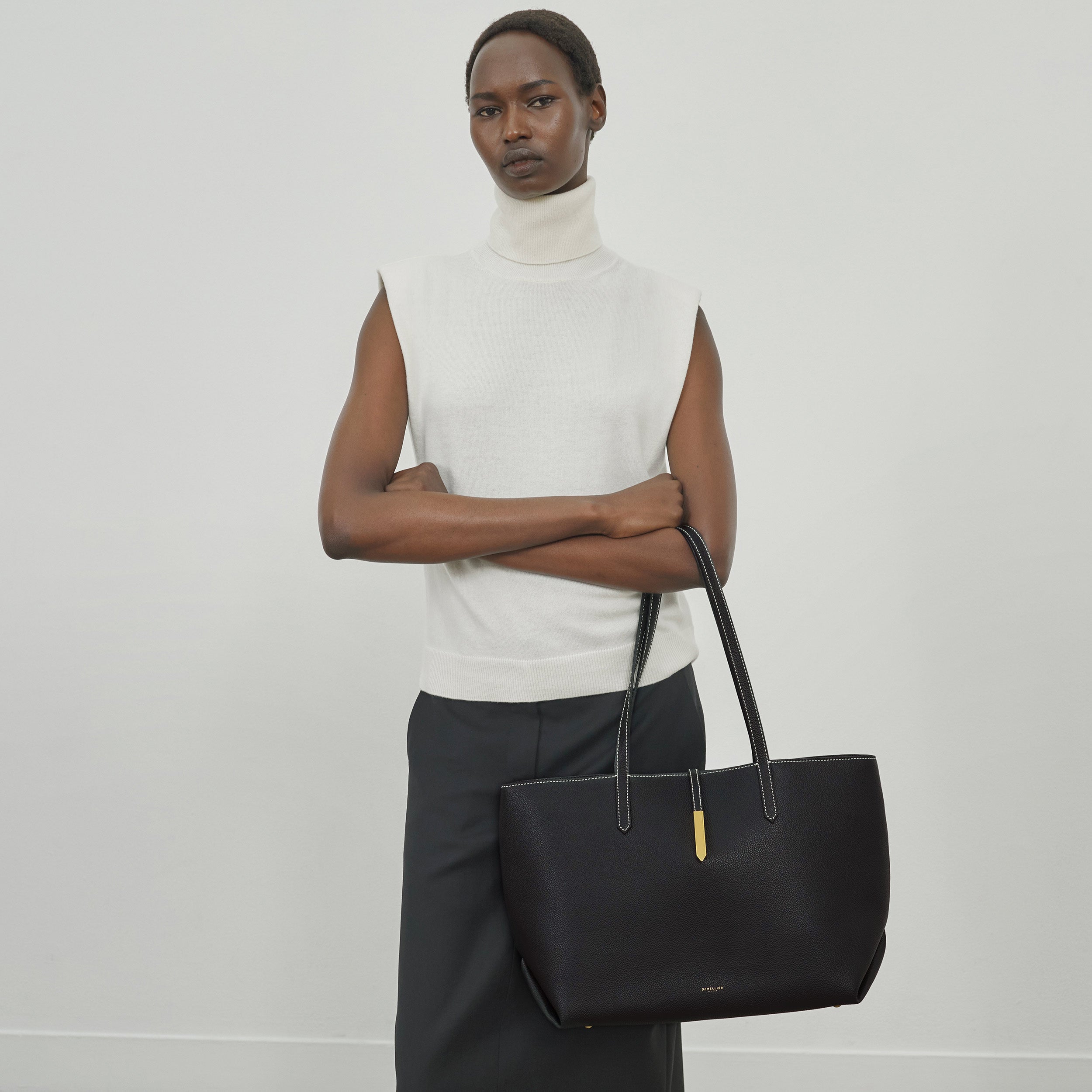 The Tokyo Tote - black small grain ecru stitching