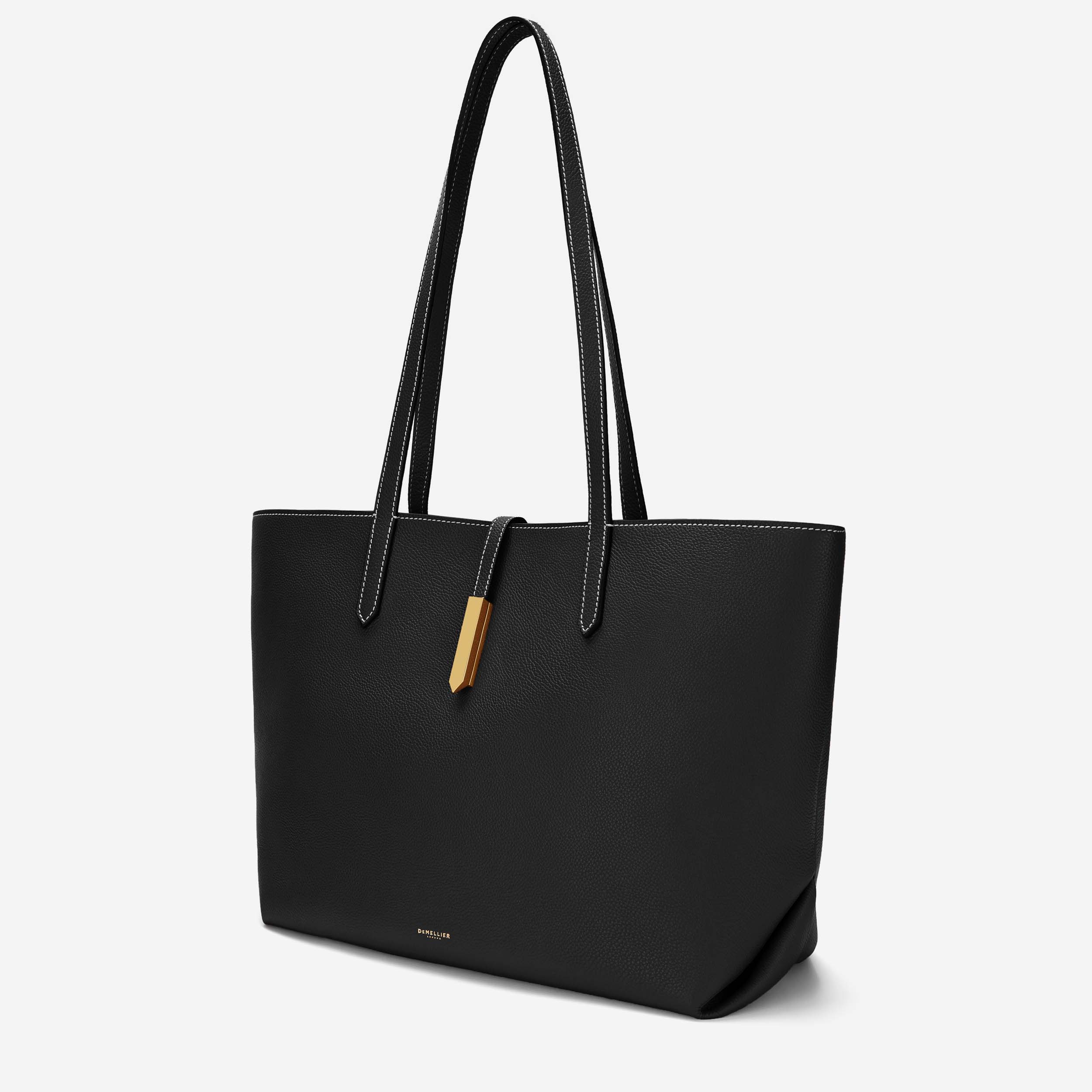 The Tokyo Tote - black small grain ecru stitching