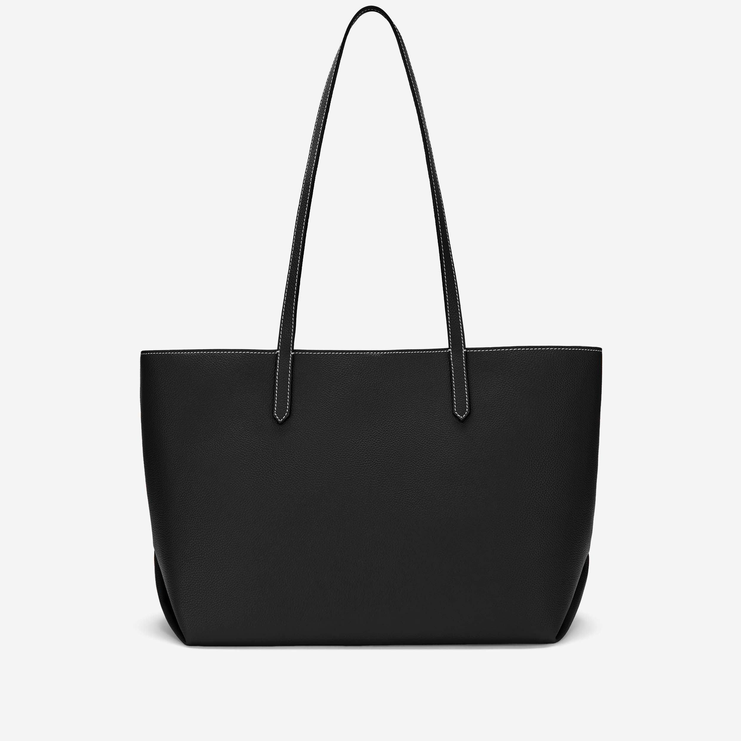 The Tokyo Tote - black small grain ecru stitching