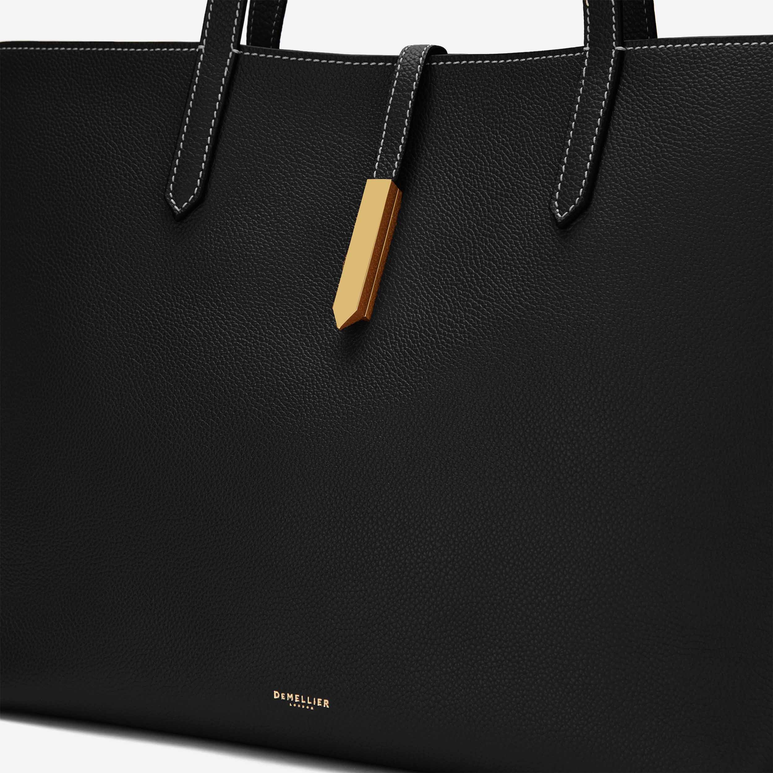 The Tokyo Tote - black small grain ecru stitching