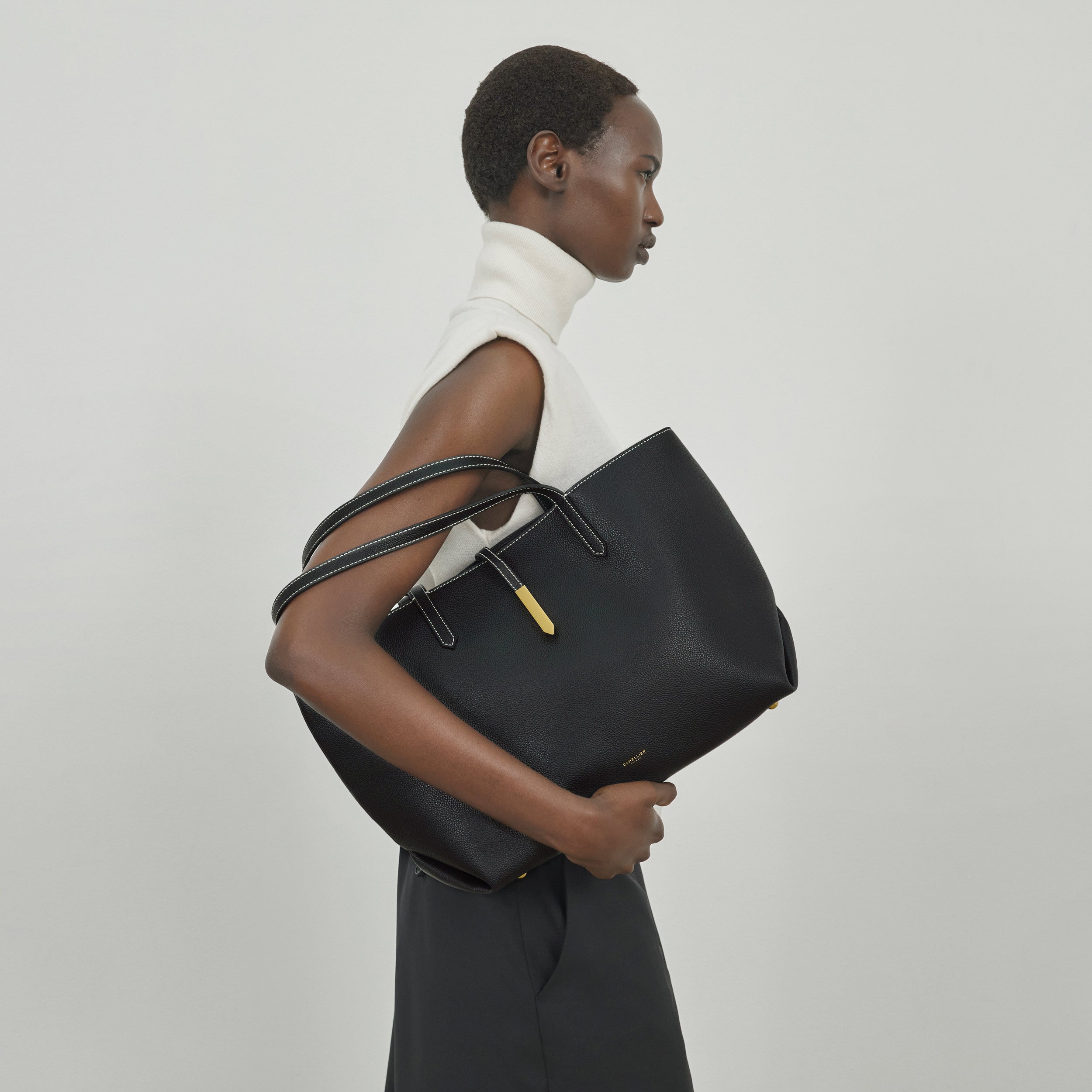 The Tokyo Tote - black small grain ecru stitching